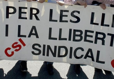 Pancarta d'una manifestació de sindicats.